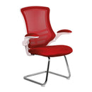 Nautilus Designs Luna medium back mesh cantilever chair with white shell and folding arms, modern office seating.