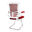 Nautilus Designs Luna Medium Back Mesh Cantilever Chair with white shell and folding arms, side view showing modern office seating.