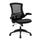 Nautilus Designs Luna Designer Medium Back Mesh Office Chair with folding arms, black fabric and adjustable features.