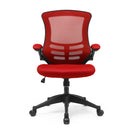 Nautilus Designs Luna Designer medium back mesh chair with folding arms, red fabric upholstery and ergonomic design.