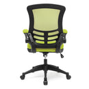 Nautilus Designs Luna Designer medium back mesh chair with folding arms, green upholstery and ergonomic design.