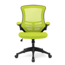 Nautilus Designs Luna Designer medium back mesh chair with folding arms, green fabric and ergonomic design, front view.