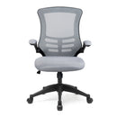 Nautilus Designs Luna Medium Back Mesh Chair with folding arms, gray fabric, ergonomic design, and adjustable features.
