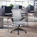 Nautilus Designs Luna Designer Medium Back Mesh Chair with folding arms, gray fabric and ergonomic office chair design