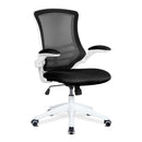 Nautilus Designs Luna Designer medium back mesh chair with white shell and folding arms, ergonomic office seating.