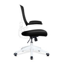 Nautilus Designs Luna medium back mesh chair with white shell and folding arms, ergonomic office seating with mesh back and armrests.