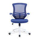 Nautilus Designs Luna Designer medium back mesh office chair with white shell and folding arms, front view.