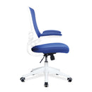 Nautilus Designs Luna Designer medium back mesh chair with white shell and folding arms, shown from side view.