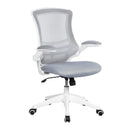 Nautilus Designs Luna designer medium back mesh chair with white shell and folding arms, ergonomic office seating.