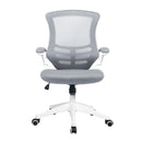 Nautilus Designs Luna Medium Back Mesh Office Chair with white shell and folding arms, front view highlighting ergonomic design.