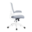 Nautilus Designs Luna medium back mesh chair with white shell, folding arms, and ergonomic design for comfortable seating.