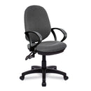 Nautilus Designs Java 200 Medium Back Operator Chair with twin lever, gray fabric, adjustable armrests, and ergonomic design.