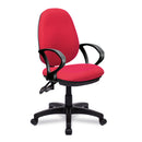 Medium back operator chair by Nautilus Designs with twin lever adjustment and red fabric upholstery.
