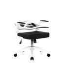 Nautilus Designs Oyster folding mesh chair with upholstered arms, shown in a folded position, featuring a white and black color scheme.