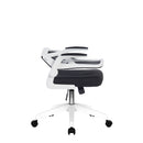 Nautilus Designs oyster folding mesh chair with upholstered arms, shown folded with side view and black frame.