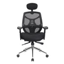 Nautilus Designs Polaris high back mesh executive chair with adjustable headrest and chrome base, front view.