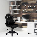 Black Predator Executive ergonomic gaming office chair with foldable arms, Nautilus Designs, shown from front and side views.