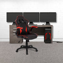 Nautilus Designs Predator executive gaming office chair with ergonomic design, folding arms, black and red color, front and side view.