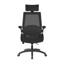 Nautilus Designs Resolute high back mesh office chair with adjustable headrest and sturdy frame, viewed from the front.
