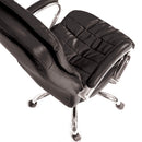 Nautilus Designs Santiago high-back Italian leather faced executive chair with ergonomic design and polished wood accents.