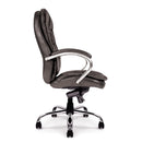 Side view of Nautilus Designs Santiago high back Italian leather executive chair with ergonomic design and polished metal accents.