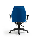 Nautilus Designs Severn ergonomic medium back multi-functional operator chair with adjustable features and blue fabric upholstery.