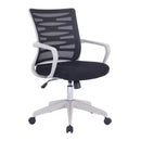 Nautilus Designs Spyro mesh armchair with white frame and detailed back paneling, showcasing a modern designer chair.