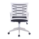Spyro mesh armchair by Nautilus Designs with white frame and detailed back paneling, showcasing modern, stylish seating.