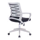 Nautilus Designs Spyro mesh armchair with white frame and detailed back paneling, viewed from back side.
