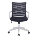 Nautilus Designs Spyro mesh armchair with white frame and detailed back paneling, front view showcasing modern ergonomic design.