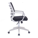 Nautilus Designs Spyro mesh armchair with white frame and detailed back paneling, showcasing modern design and comfortable seating.