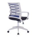 Nautilus Designs Spyro mesh armchair with white frame and detailed back paneling, shown from the side.