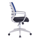Nautilus Designs Spyro mesh armchair with white frame and detailed back paneling, showcasing modern design and ergonomic seating.
