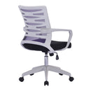 Nautilus Designs Spyro designer mesh armchair with white frame and detailed back paneling, viewed from the back side.