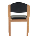 Nautilus Designs Tahara beech framed stackable side chair with vinyl upholstered, padded seat and backrest, shown from the back.