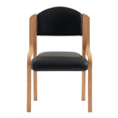 Nautilus Designs Tahara beech framed stackable side chair with vinyl upholstered padded seat and backrest, front view.