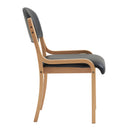 Nautilus Designs Tahara beech framed stackable side chair with vinyl upholstered padded seat and backrest, shown from side angle.