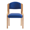 Nautilus Designs Tahara beech framed stackable side chair with vinyl upholstered padded seat and backrest, front view.