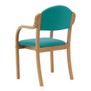Nautilus Designs Tahara fabric beech framed stackable side armchair with upholstered padded seat and backrest, side view.