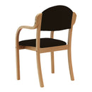 Nautilus Designs Tahara fabric Beech framed stackable side armchair with upholstered padded seat and backrest, viewed from the back side.