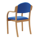 Nautilus Designs Tahara fabric beech framed stackable side armchair with upholstered padded seat and backrest, shown from the back side.