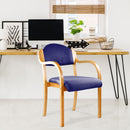 Nautilus Designs Tahara fabric Beech framed stackable side armchair with upholstered padded seat and backrest in a lifestyle setting.