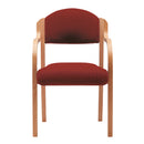 Nautilus Designs Tahara fabric beech framed stackable side armchair with upholstered, padded seat and backrest, front view.