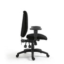Nautilus Designs Thames ergonomic high back operator chair with adjustable armrests and side view showing black fabric upholstery