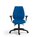 Nautilus Designs Thames ergonomic high back operator chair with adjustable headrest and armrests, front view.