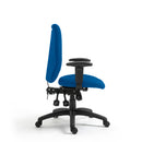 Side view of Nautilus Designs Thames ergonomic high back operator chair with adjustable armrests and blue fabric upholstery.