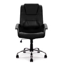 Nautilus Designs Westminster high back leather executive chair with integral headrest and chrome base, front view.