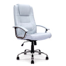 Nautilus Designs Westminster high back leather executive chair with integral headrest and chrome base, shown in black leather.