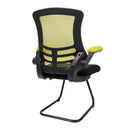 Nautilus Designs Luna medium back two-tone mesh cantilever chair with folding arms, side view showing green and black color scheme.