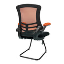 Nautilus Designs Luna medium back two-tone mesh cantilever chair with folding arms, side view showing black and orange color scheme.